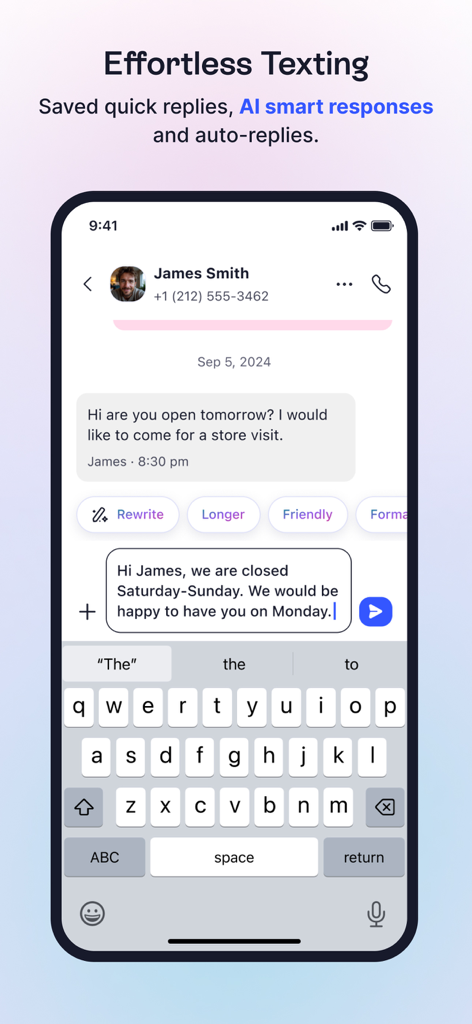 LinkedPhone—Pro Business Line - LinkedPhone app interface for effortless business texting with AI smart responses