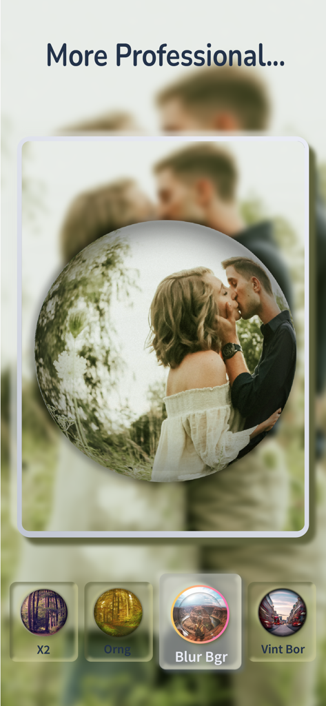 Fish eye camera & Video Square - Fish eye camera app interface showcasing a professional blur background effect on a couple photo