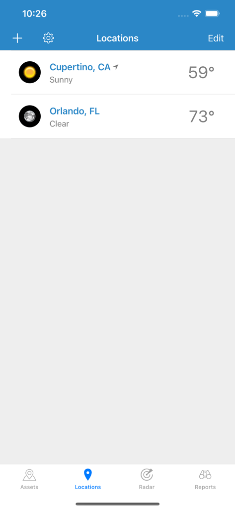 WeatherOps - Smartphone screen of the WeatherOps app showing the locations dashboard with current weather for Cupertino and Orlando