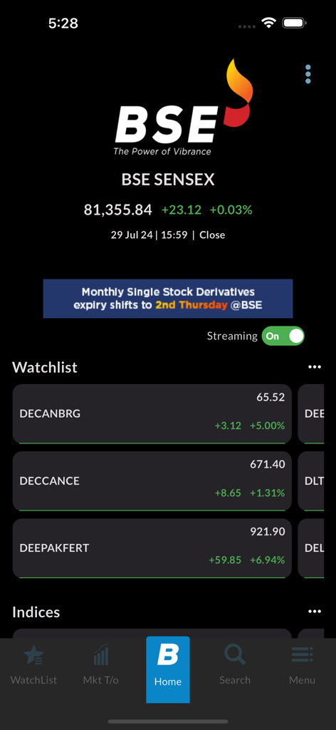 BSEIndia on Mobile - BSEIndia mobile app home screen showing real-time Sensex index and stock watchlist