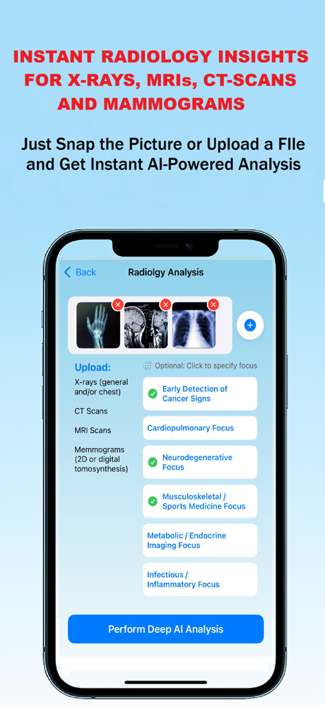 AI Assistant for Doctors - Una interfaz móvil de la aplicación AI Assistant for Doctors que muestra funciones de análisis de radiología para radiografías, resonancias magnéticas y tomografías computarizadas.