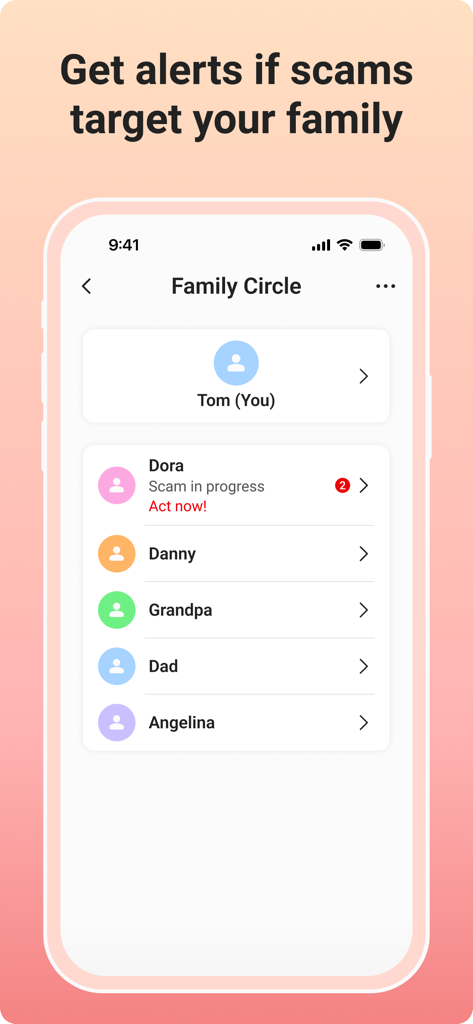 Trend Micro ScamCheck app interface showing the Family Circle dashboard with a real time scam alert for a family member