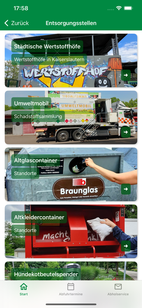 Eine Liste von Abfallentsorgungsorten in der Stadt-App Kaiserslautern, die Recyclingzentren und Sammelstellen zeigt.