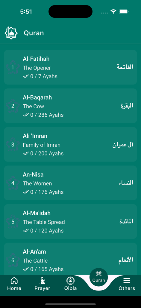 Quran surah list screen in the Light of Deen app displaying chapters like Al-Fatihah and Al-Baqarah with English and Arabic names.