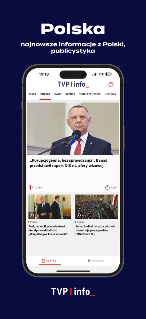 TVP Info mobile app news feed displaying latest headlines and articles about Poland in Polish.