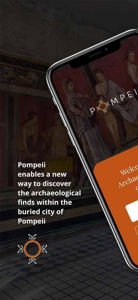 MyPompeii - Welcome screen of the MyPompeii official app featuring ancient frescoes and introductory text.
