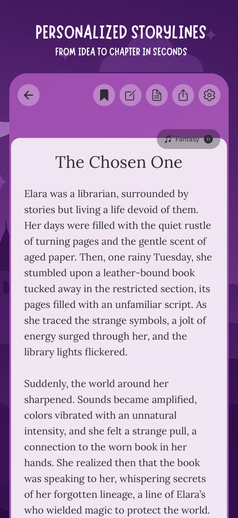 Mobile app interface showing a personalized fantasy story titled The Chosen One with background music