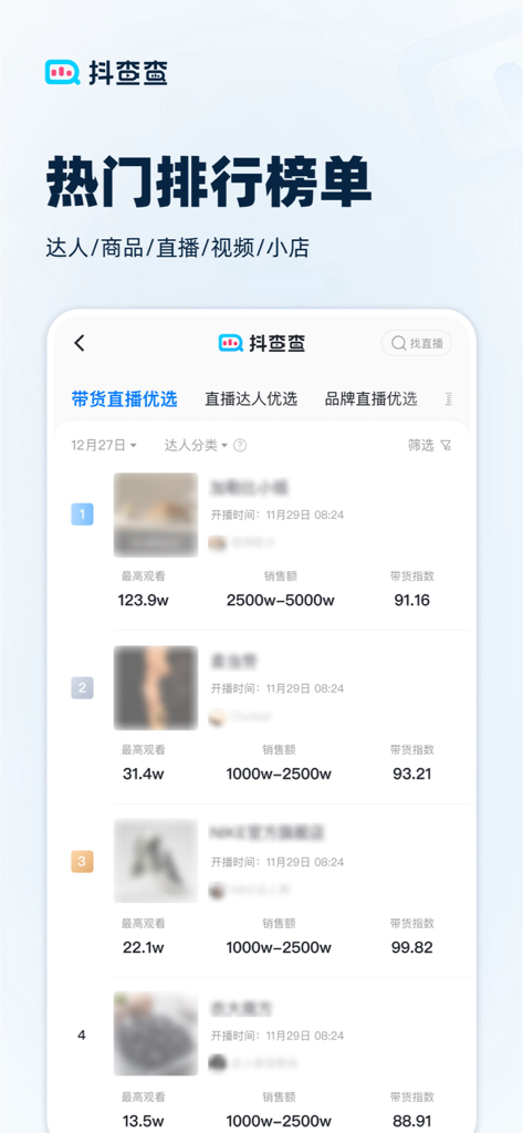 抖查查-直播短视频电商数据 - Interface do aplicativo Douchacha exibindo uma lista classificada dos principais streamers ao vivo com análises de vendas e visualização