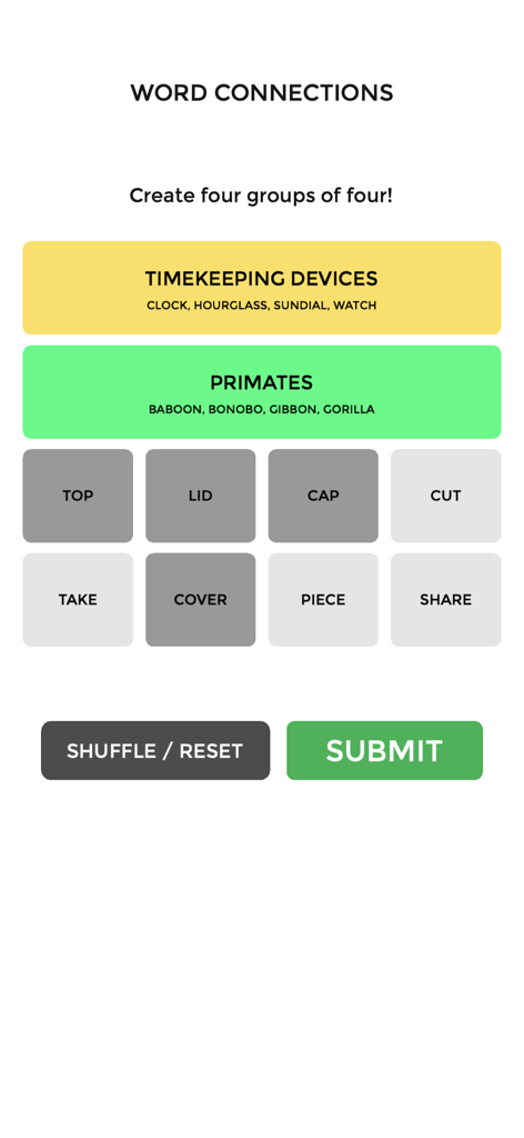 Connect Words - Puzzle Game - Pantalla de juego de Connect Words mostrando categorías de palabras resueltas y una cuadrícula de fichas para asociación lógica