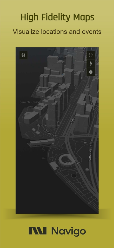 Visualização de mapa 3D de alta fidelidade mostrando locais e eventos no aplicativo Navigo Assistant