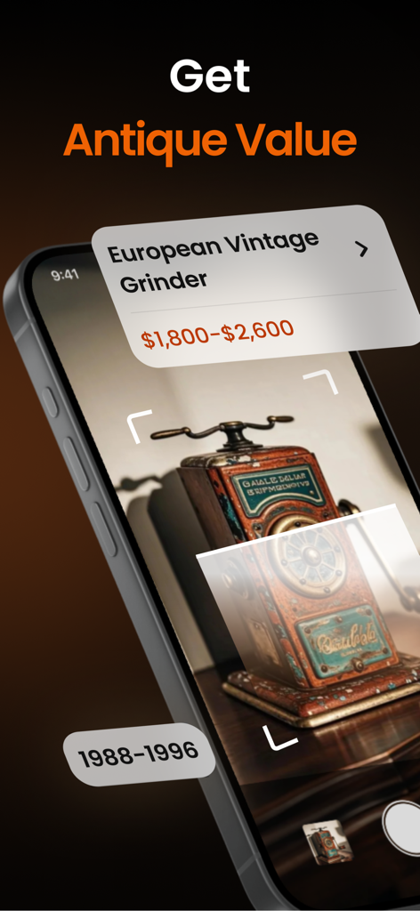 スマートフォンアプリがヴィンテージグラインダーをスキャンし、推定アンティーク価値を表示しています
