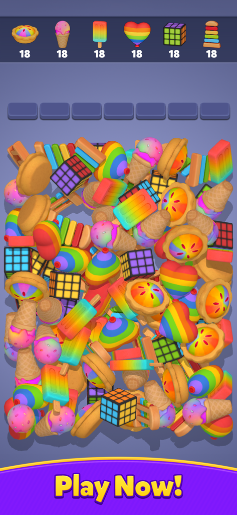 Match Out! - Gameplay screen of Match Out showing a pile of colorful 3D puzzle items like ice cream and toys to match