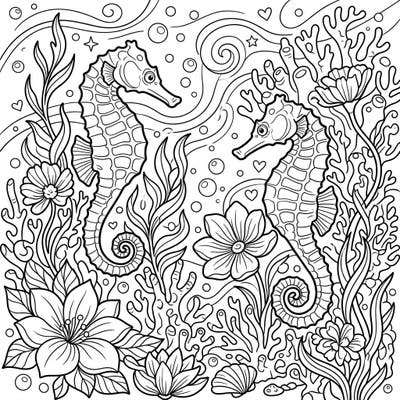 Explore a magical underwater spring garden featuring two elegant seahorses amidst blooming aquatic flora. This captivating coloring page combines marine beauty with the fresh energy of renewal, perfect for creative relaxation.