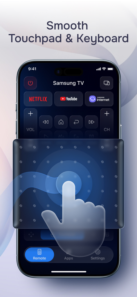 iPhone displaying a touchpad and keyboard feature for a Samsung TV remote app