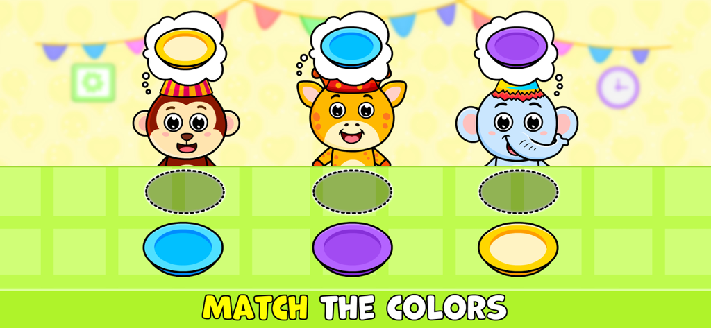 Un gioco educativo di abbinamento colori per bambini piccoli con una scimmia, una giraffa e un elefante