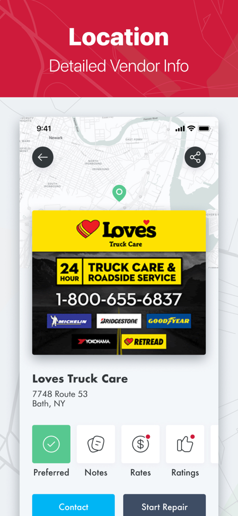 Informações detalhadas do fornecedor para Loves Truck Care, incluindo contato e detalhes do serviço