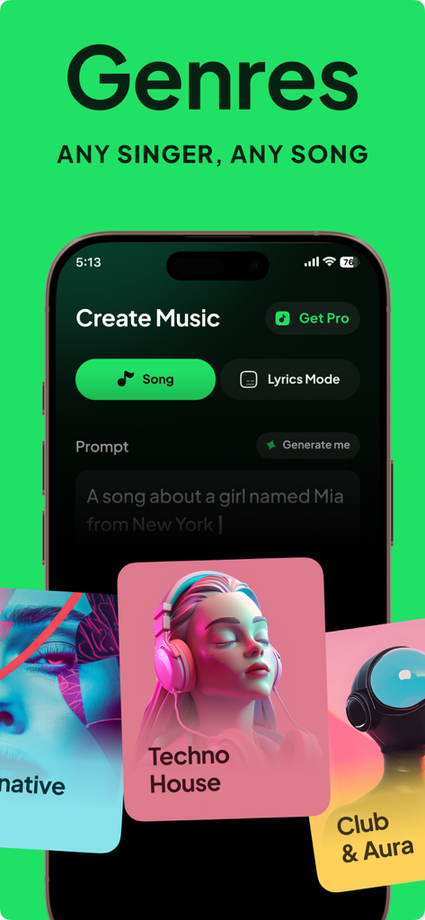 Songi - AI Music & Cover Maker - Interfaz de la aplicación Songi IA que muestra varios géneros musicales y una pantalla de creación de canciones basada en prompts.