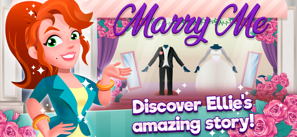 Ellie's Wedding Journey - 엘리가 Marry Me 신부샵에서 웨딩 의상과 장미 옆에 서 있는 모습