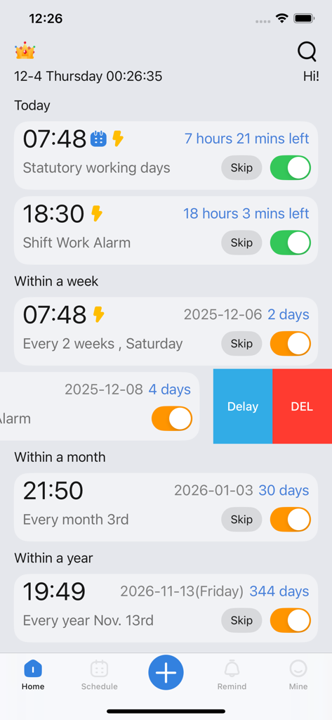OK Alarm: Holiday & Shift Work - Interface of OK Alarm app showing a list of scheduled alarms for shift work and holidays