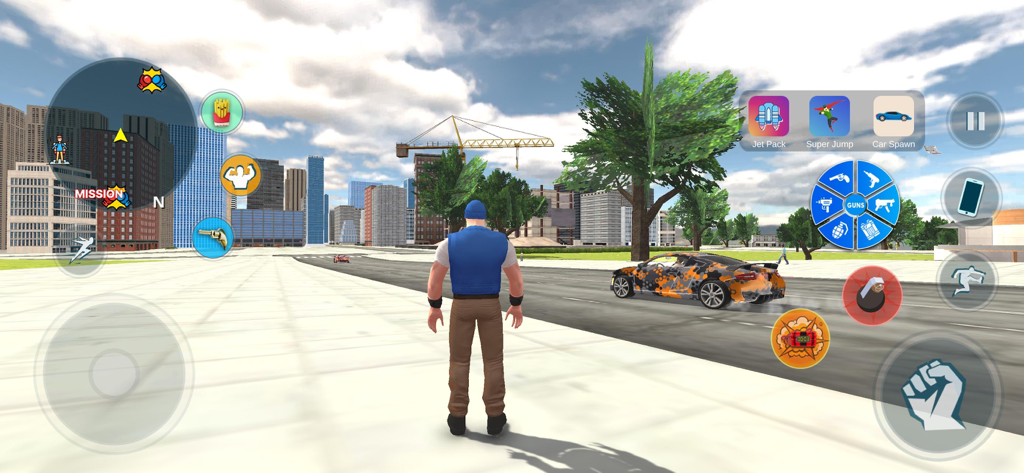 Grand Wars City: Gang Hero 3D - Un personaje está en una calle de la ciudad cerca de un coche deportivo de camuflaje en el juego de mundo abierto 3D Grand Wars City