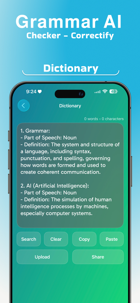 Grammar AI Checker-Correctify - Pantalla de teléfono inteligente mostrando la función de diccionario de Grammar AI Checker con definiciones de gramática e inteligencia artificial