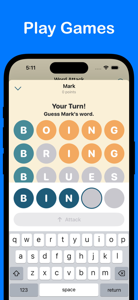 P2P接続を介してオフラインでプレイされる単語推測ゲームを表示するAirChatアプリのスクリーンショット