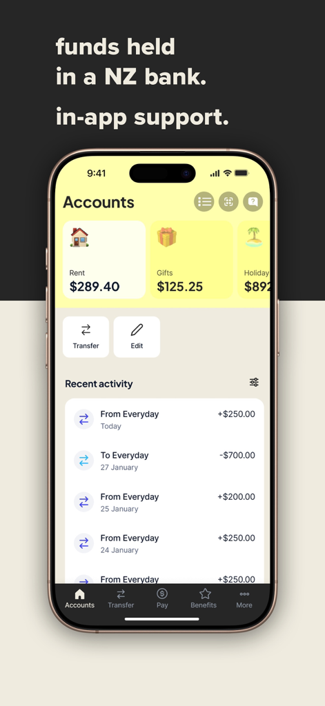Dosh - The Dosh app accounts screen displaying savings goals for rent, gifts, and holidays with recent transaction history