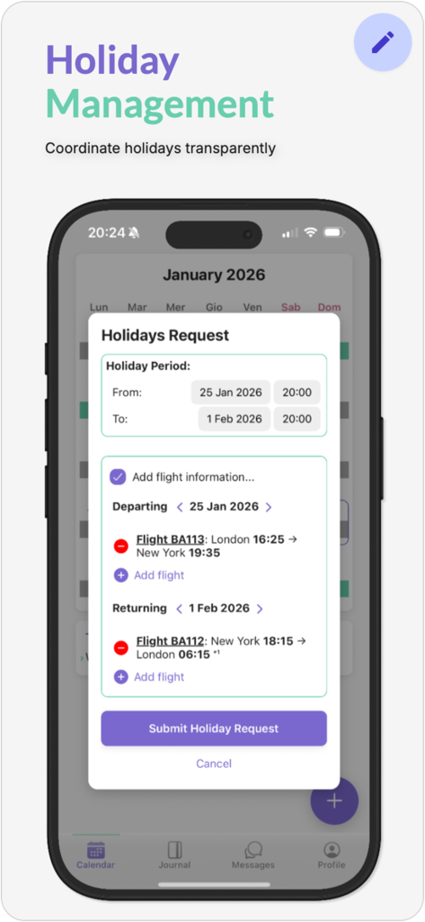 CoPals - Pantalla de solicitud de vacaciones de la aplicación CoPals que muestra fechas de crianza y detalles de vuelo para la coordinación de viajes.