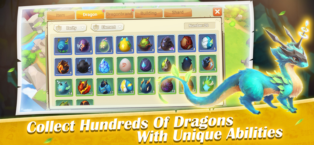 Dragon Tamer: Genesis - A collection menu in Dragon Tamer Genesis displaying various dragon eggs and a blue mythical dragon.