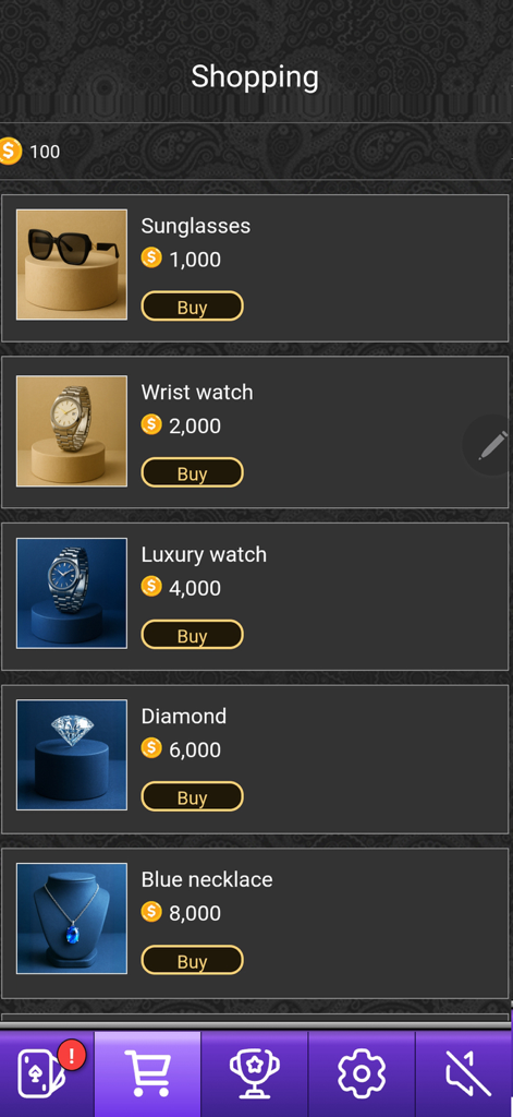 Hokm Online - حکم آنلاین - In-game store in Hokm Online showing luxury items like sunglasses and watches for purchase.