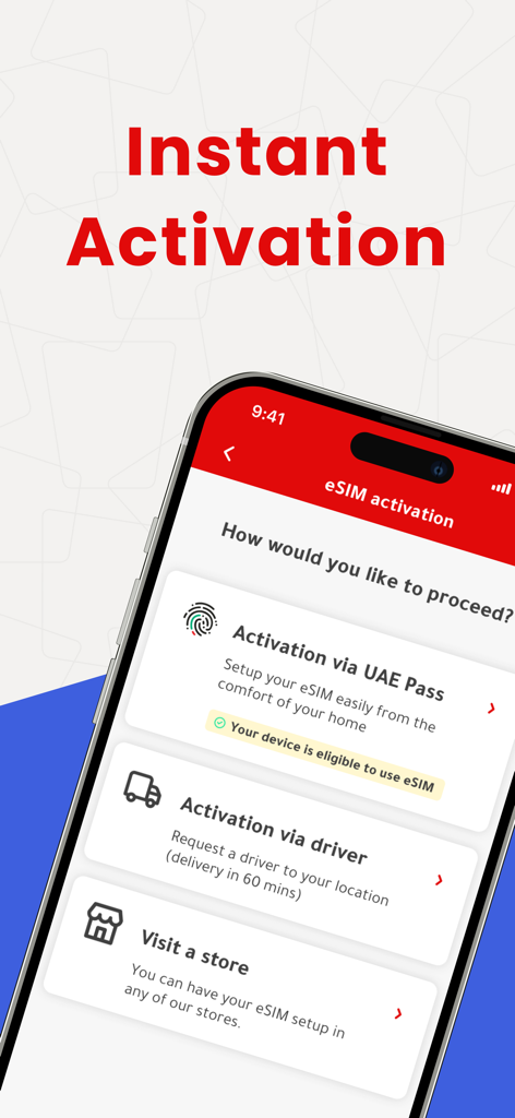 App Virgin Mobile UAE che mostra le opzioni per l'attivazione istantanea dell'eSIM e la consegna della SIM