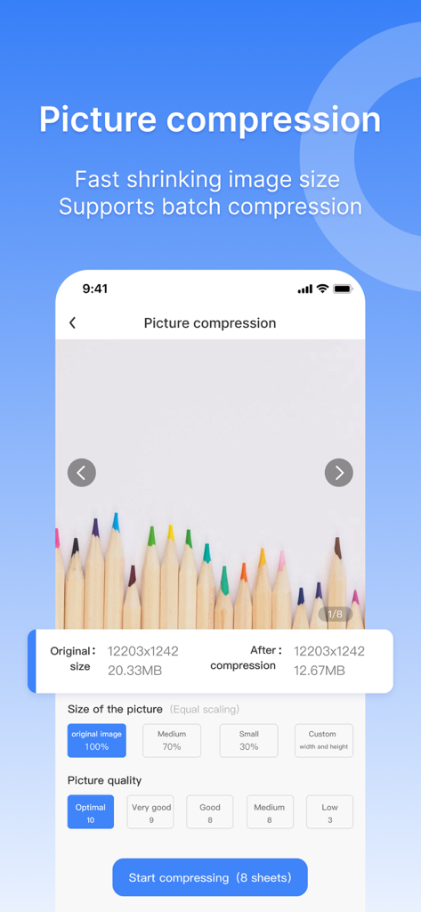 Exif Viewer&Compress Photos - Interface of the Exif Viewer app showing photo compression settings and file size reduction results