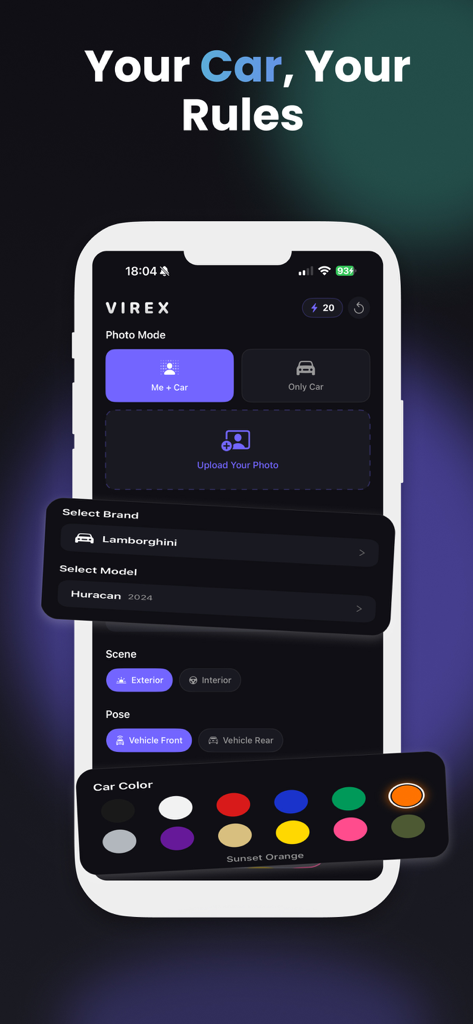Virex AI Car Editor interface for selecting car models and custom colors