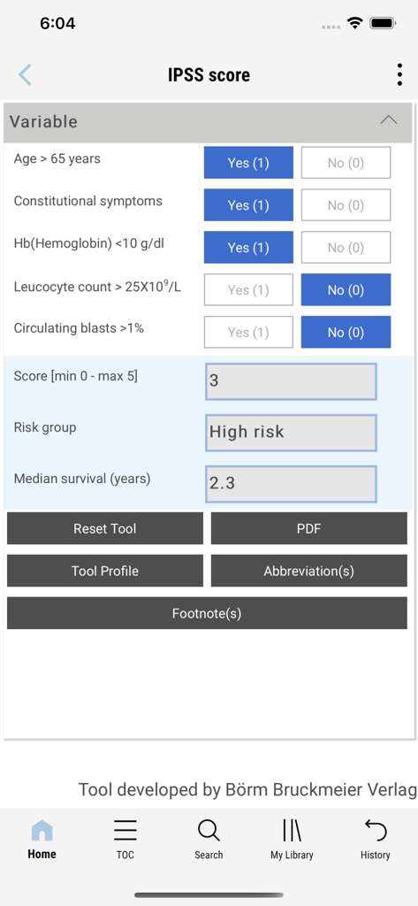 ESMO Interactive Guidelines app interface displaying an IPSS score calculator with medical variables and risk assessment results.
