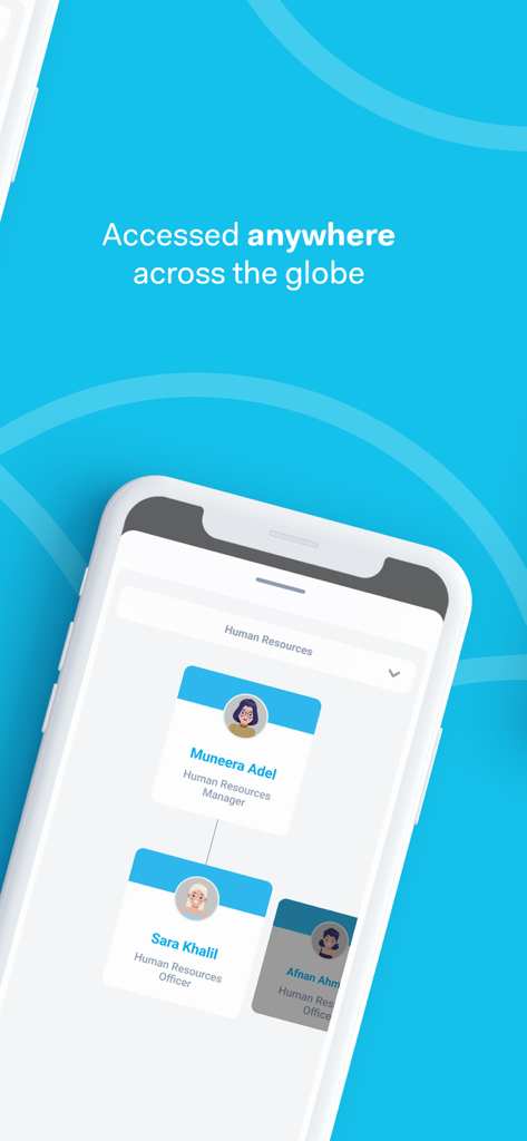 RemoteApps mobile interface showing a human resources organizational chart with employee profile cards