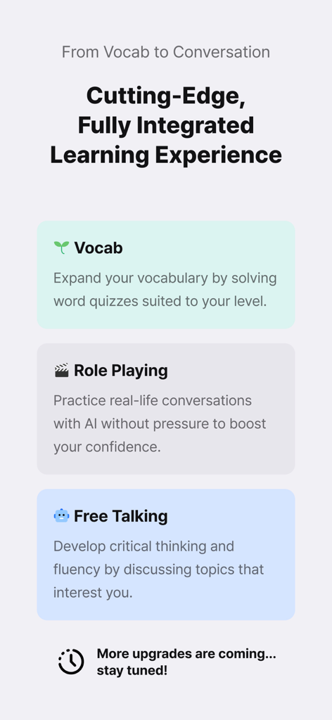 LINGORA | 24/7 Language Lesson - Lingora app interface highlighting vocabulary quizzes, AI role playing, and free talking features