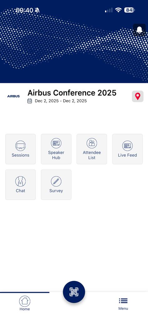 Home screen of the Airbus Events and Exhibitions app showing the 2025 conference dashboard with navigation buttons for sessions, speakers, and attendee list.