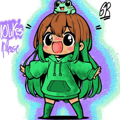 a excited chibi girl whith long hair and a baggy shirt whith a frog on there head