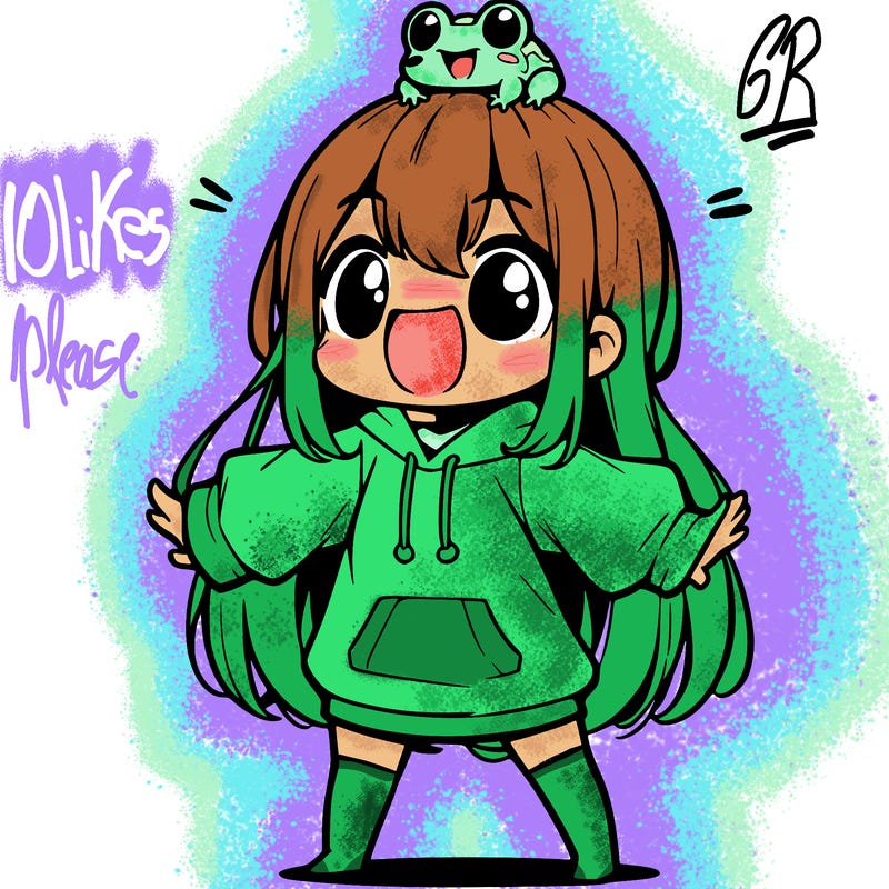 a excited chibi girl whith long hair and a baggy shirt whith a frog on there head