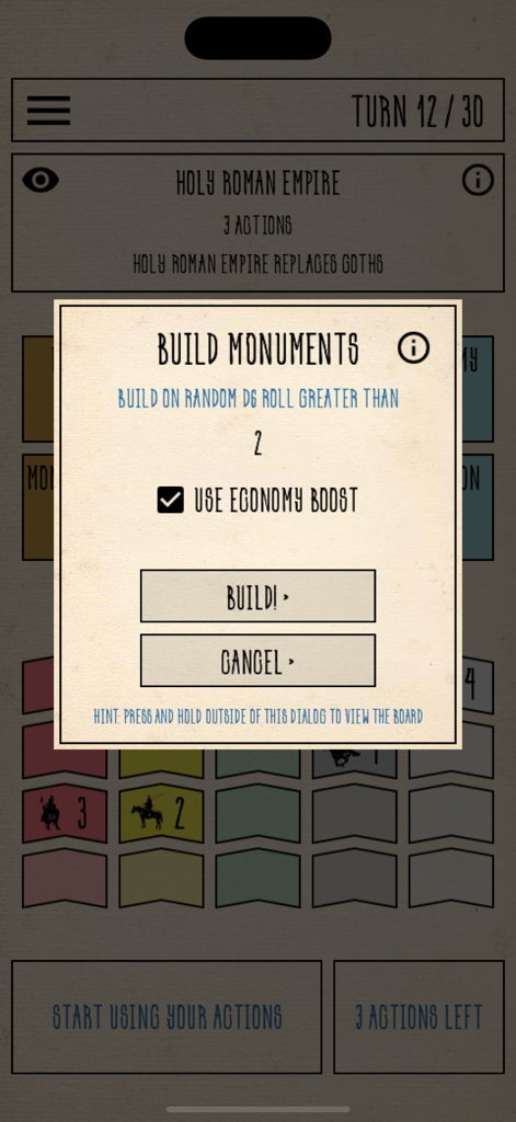 Gameplay screenshot of the Build Monuments menu in the Constantinople historical strategy game.