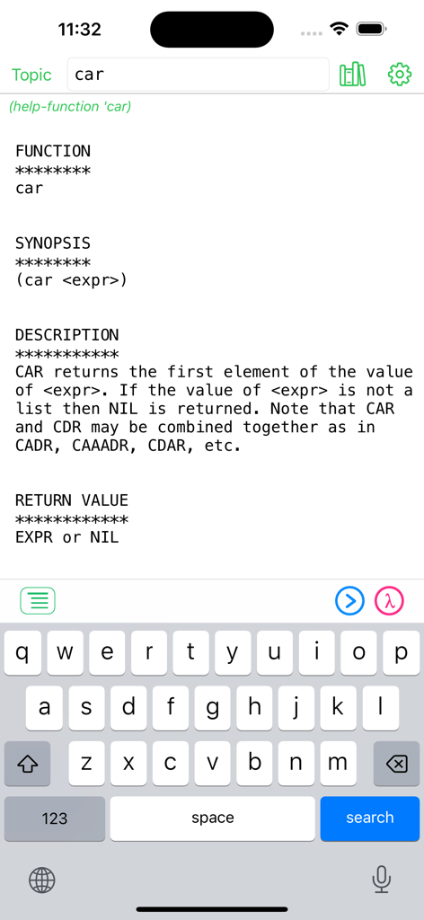 Documentation page for the car function in the My Lisp app showing its synopsis and description