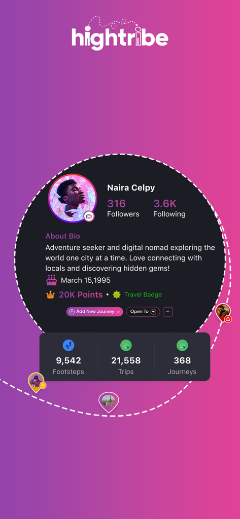 Hightribe: Social Travel App - Una pantalla de perfil de usuario en la aplicación Hightribe con estadísticas del viajero, biografía y una insignia de nómada digital.