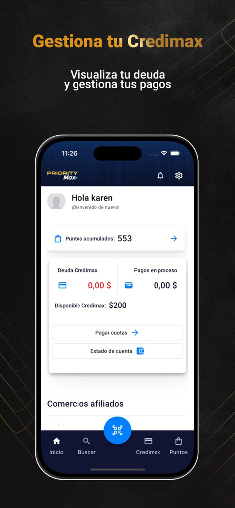 PriorityMax mobile app dashboard showing Credimax credit balance and loyalty points.