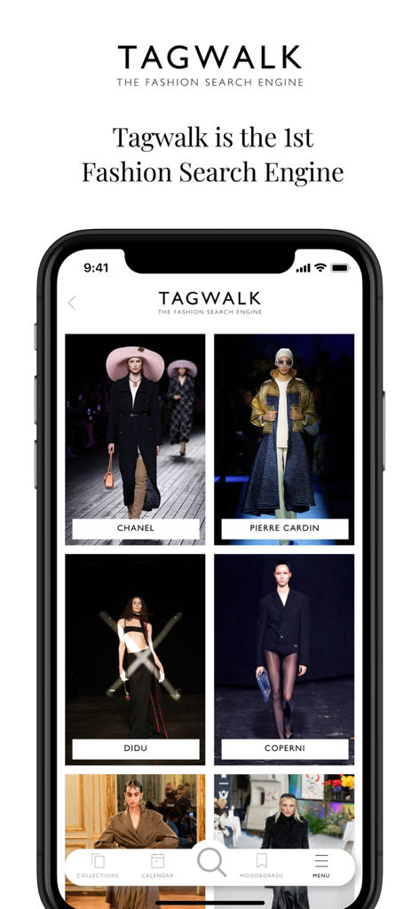 TAGWALK - Tagwalk mobile app interface showing runway collections from Chanel and Pierre Cardin