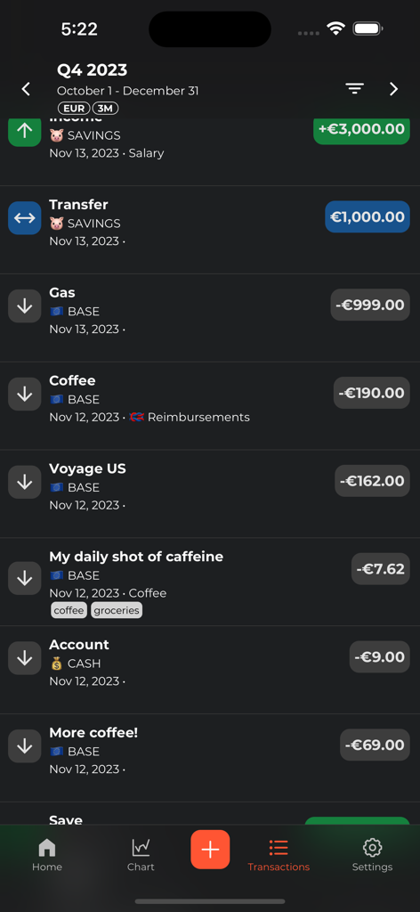 Abacus for Firefly III - Transaction list in Abacus for Firefly III showing income and expenses in dark mode