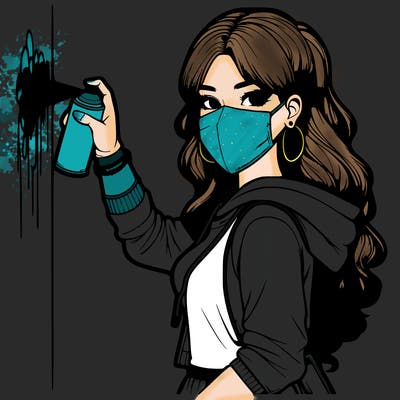 realistic girl with mask spray painting a wall