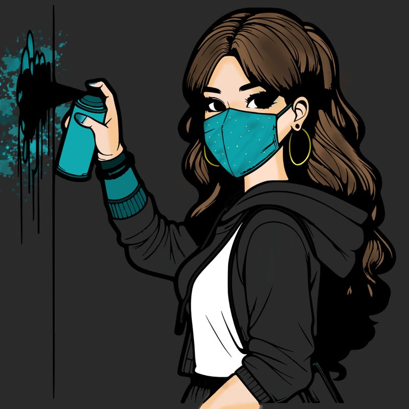 realistic girl with mask spray painting a wall