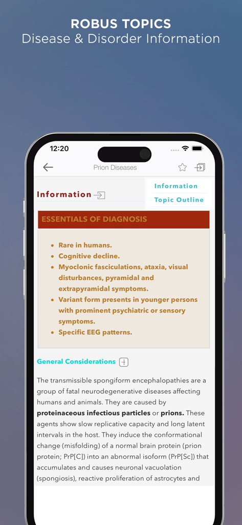 A mobile screen from the CMDT 2025 app displaying diagnostic information and general considerations for Prion Diseases.
