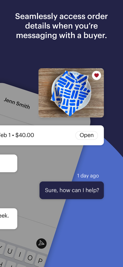 Etsy Seller app interface showing order details integrated into a customer message thread.