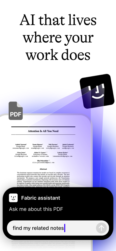 Fabric AI assistant interface interacting with a PDF document to find related notes